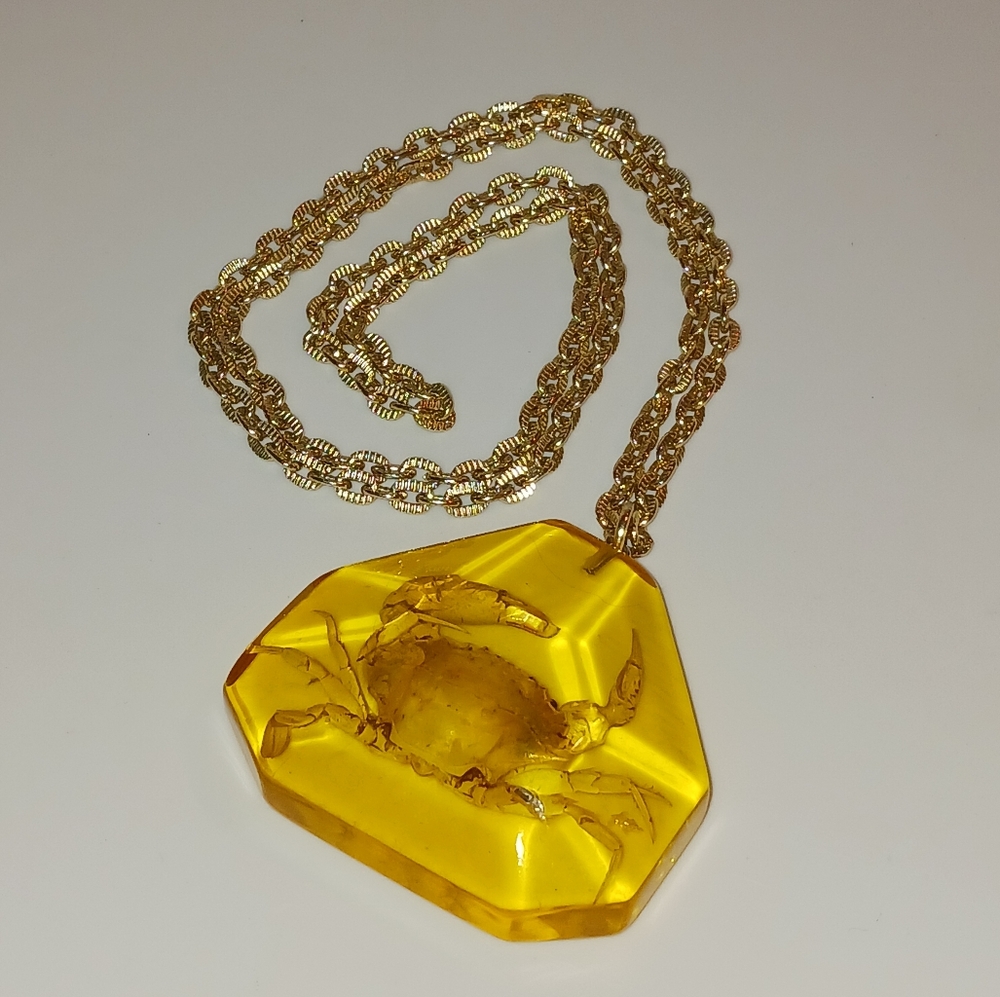 Necklace Lucite Pendant Real Crab Faux Amber Necklace